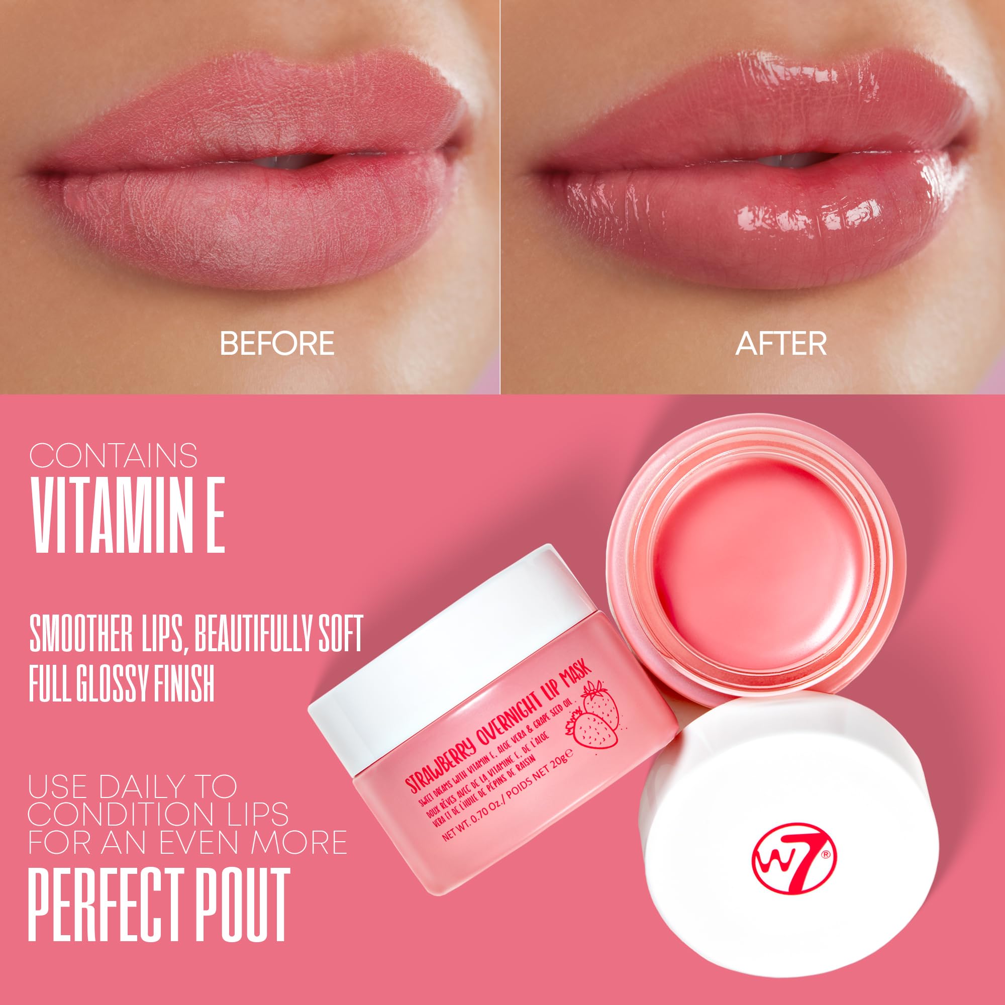 Textura brillante de la mascarilla labial W7 Dulces Sueños para labios suaves.