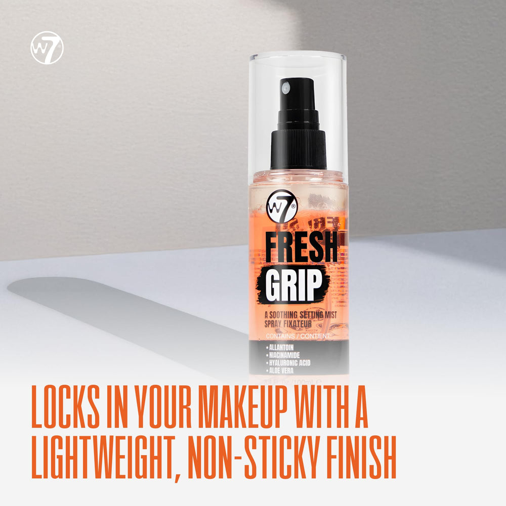 Ingredientes hialurónicos y vitamina E de W7 Fresh Grip para piel hidratada.
