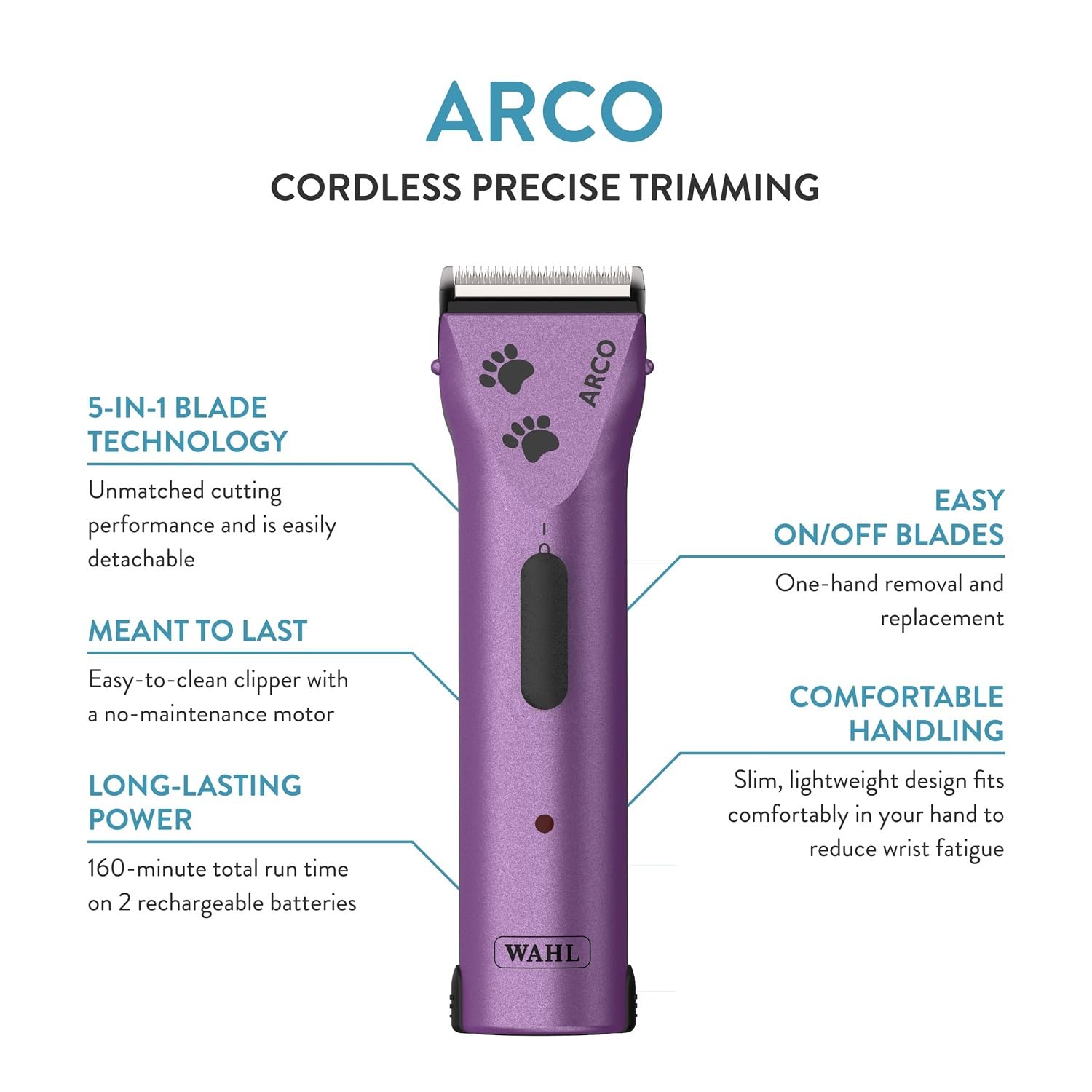 Wahl Arco Pet cuchilla 5-en-1 para longitudes precisas.