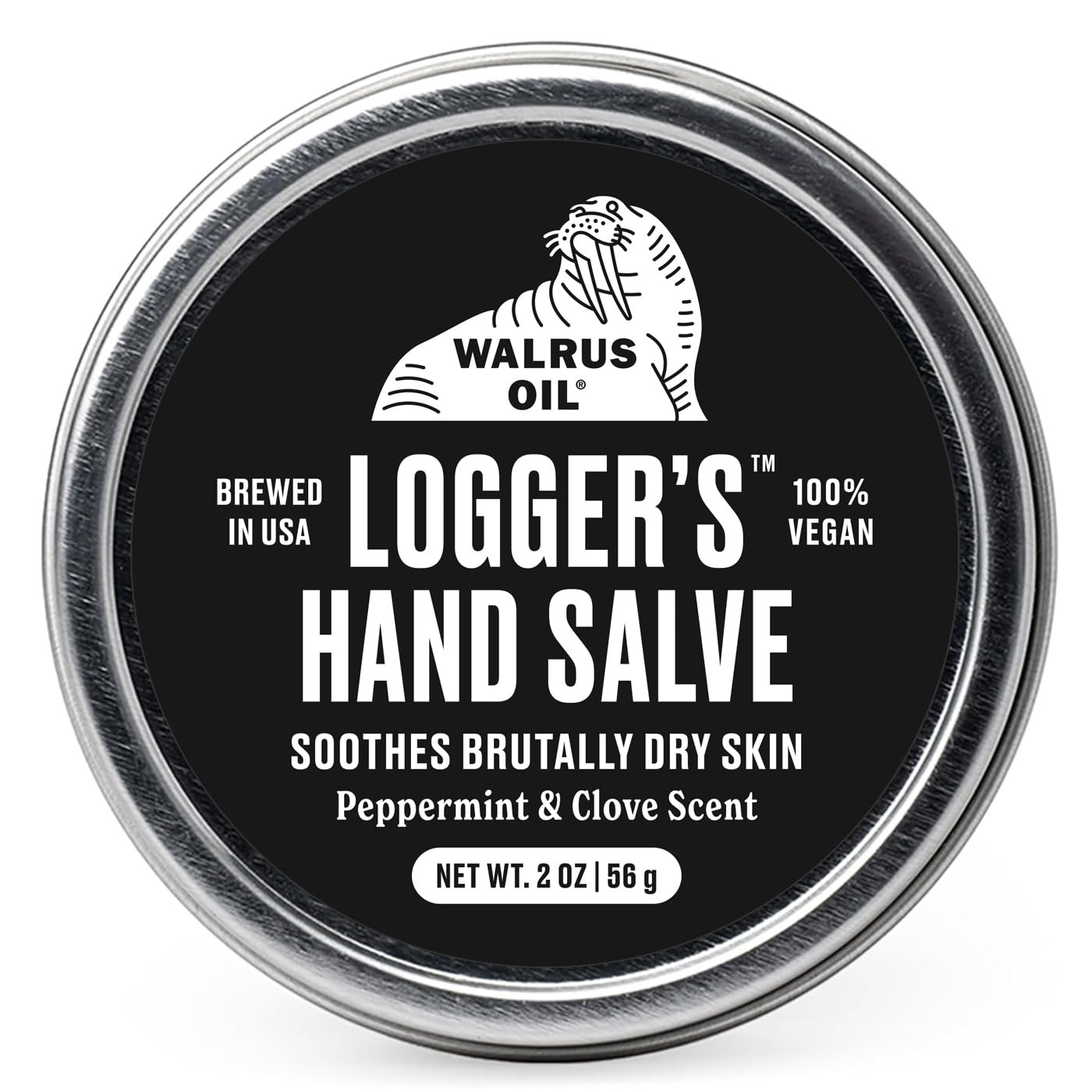 Walrus Oil Logger Hand Salve con envase compacto de 2 oz para uso diario.