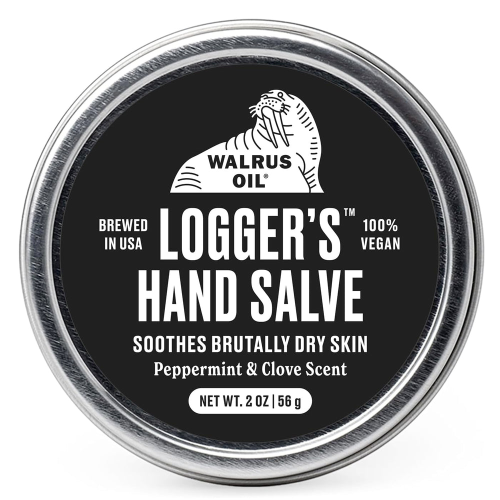 Walrus Oil Logger Hand Salve con envase compacto de 2 oz para uso diario.