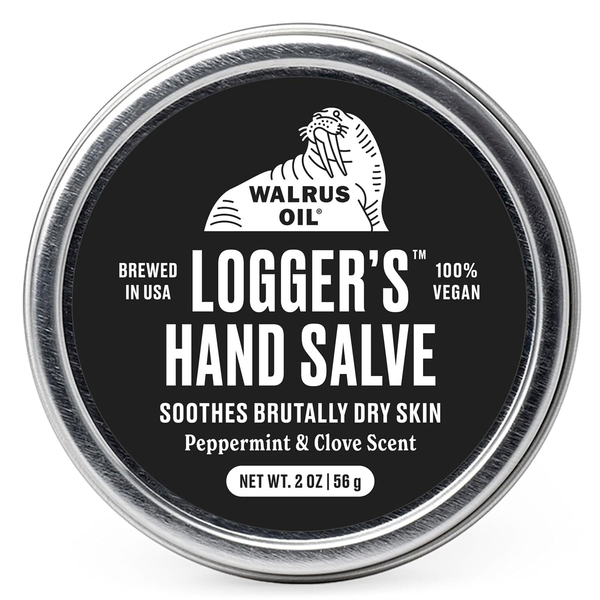 Walrus Oil Logger Hand Salve con envase compacto de 2 oz para uso diario.