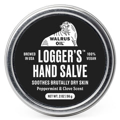 Walrus Oil Logger Hand Salve con envase compacto de 2 oz para uso diario.