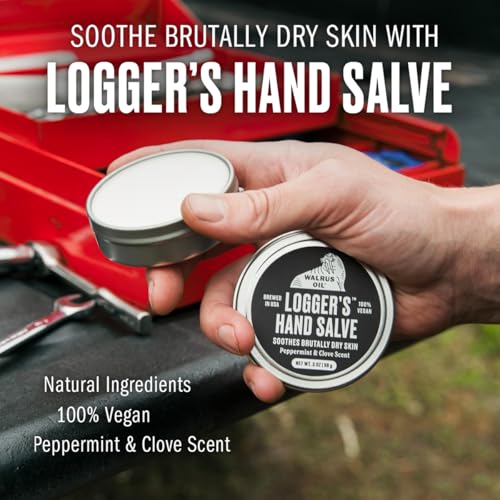 Walrus Oil Logger Hand Salve contiene ingredientes naturales y veganos para cuidado diario.