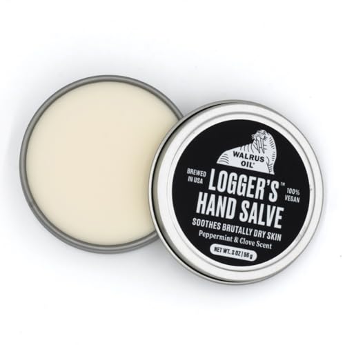Walrus Oil Logger Hand Salve muestra textura cremosa para manos ásperas.