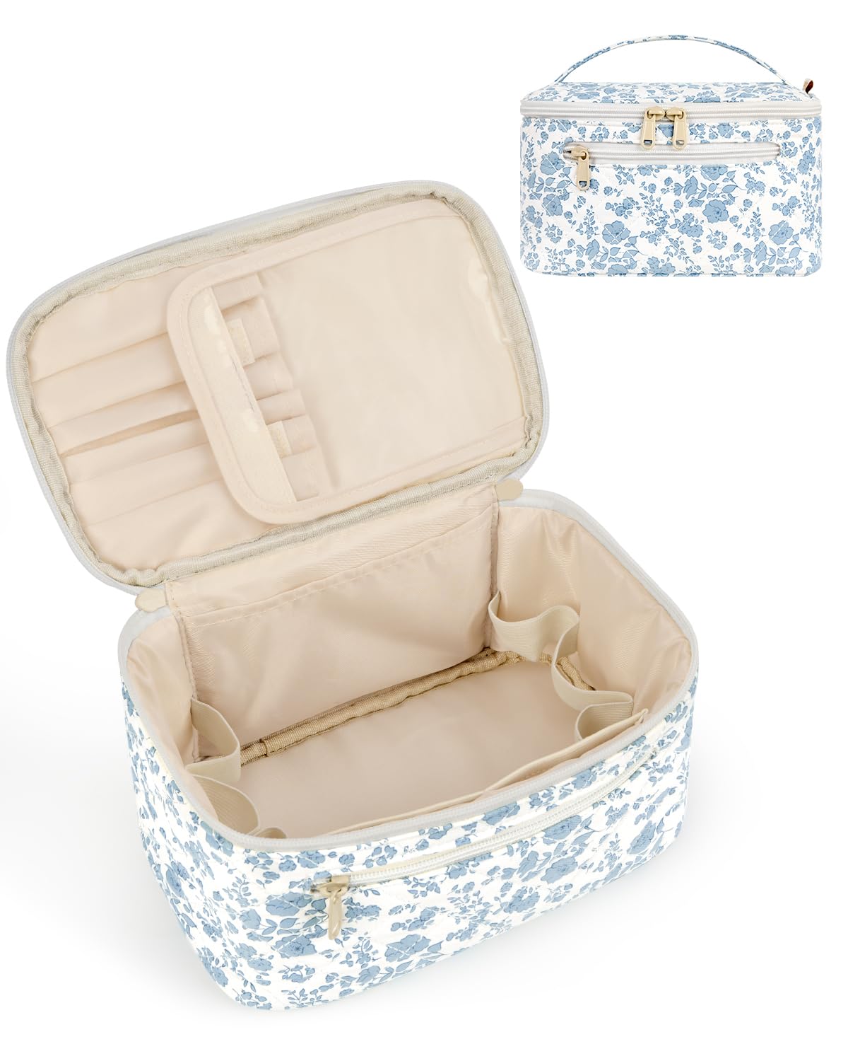 Bolso Wandering Nature acolchado azul con flor protege cosméticos durante viajes