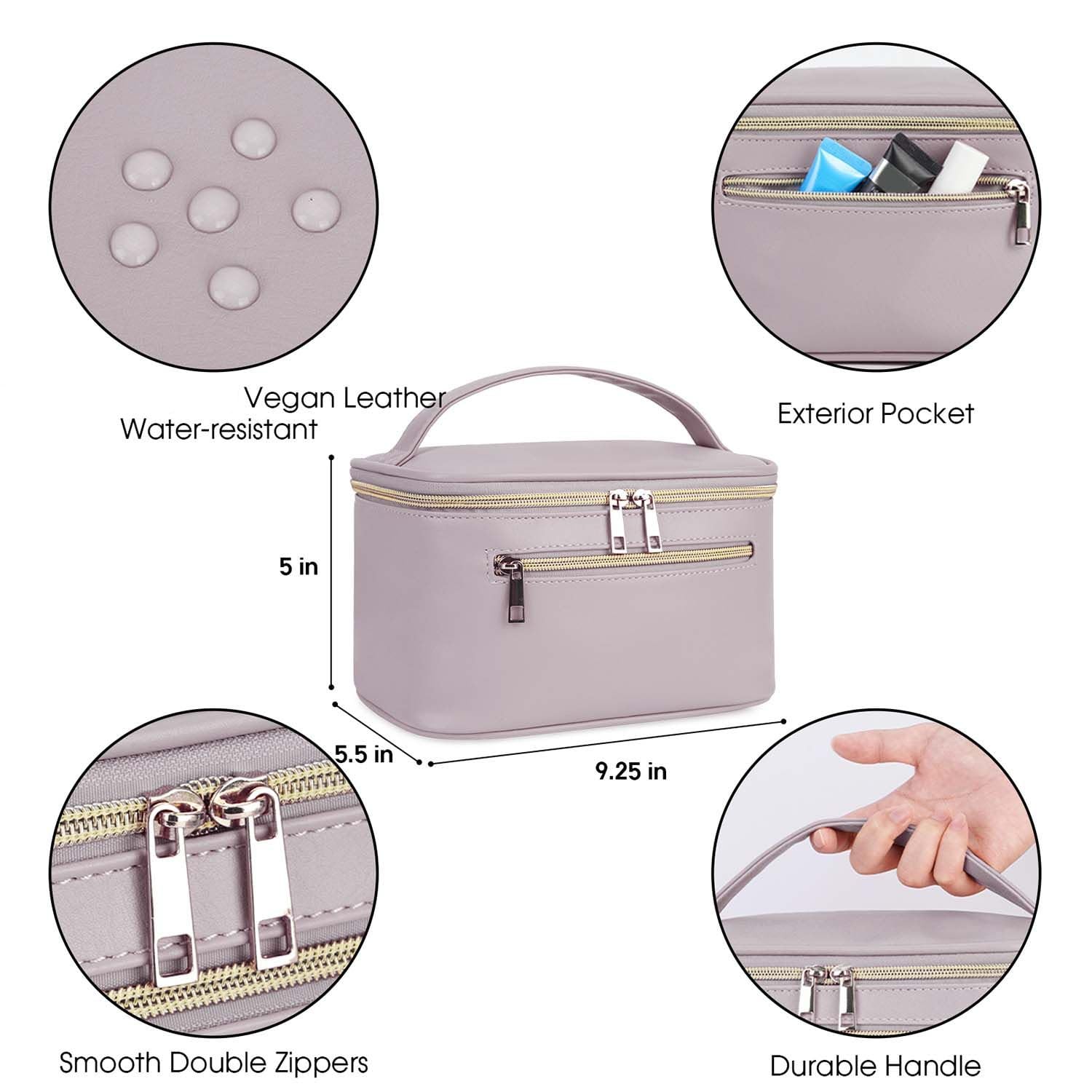Interior amplio con gomas y bolsillos para cosméticos y botellas