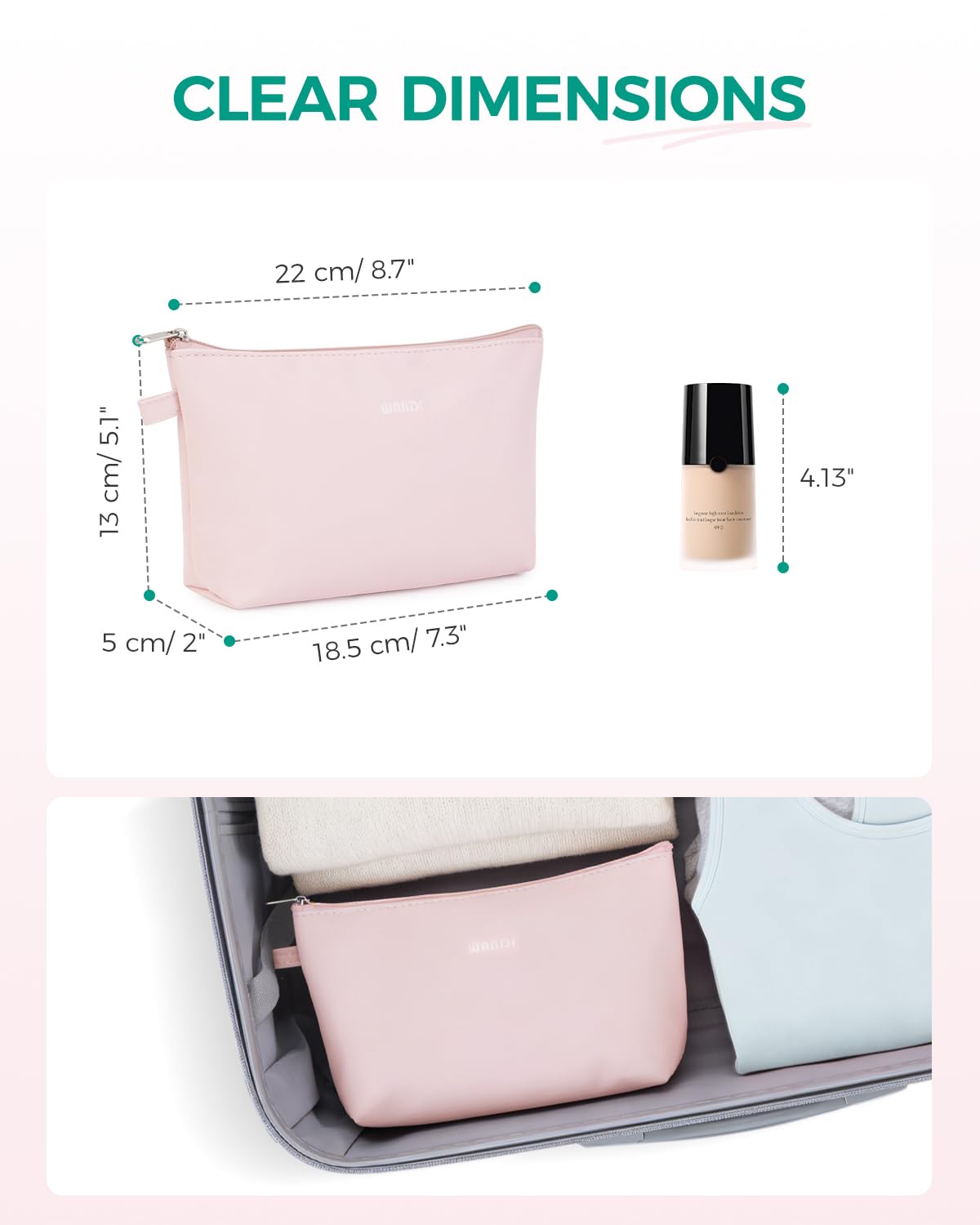 WANDF bolsa maquillaje tamaño ideal 8-7x5 pulgadas para caber en tu bolso.