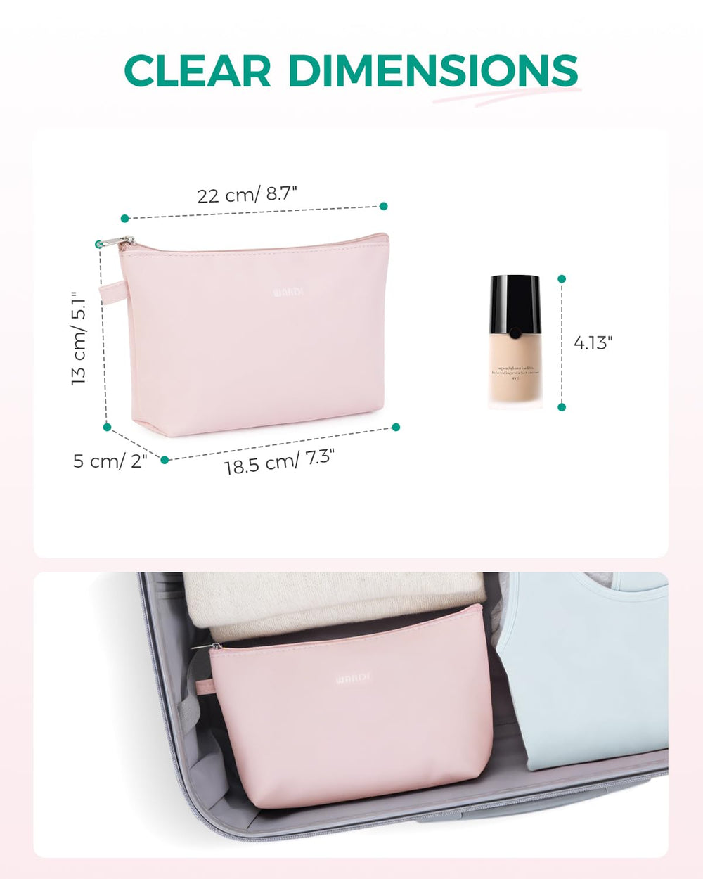WANDF bolsa maquillaje tamaño ideal 8-7x5 pulgadas para caber en tu bolso.