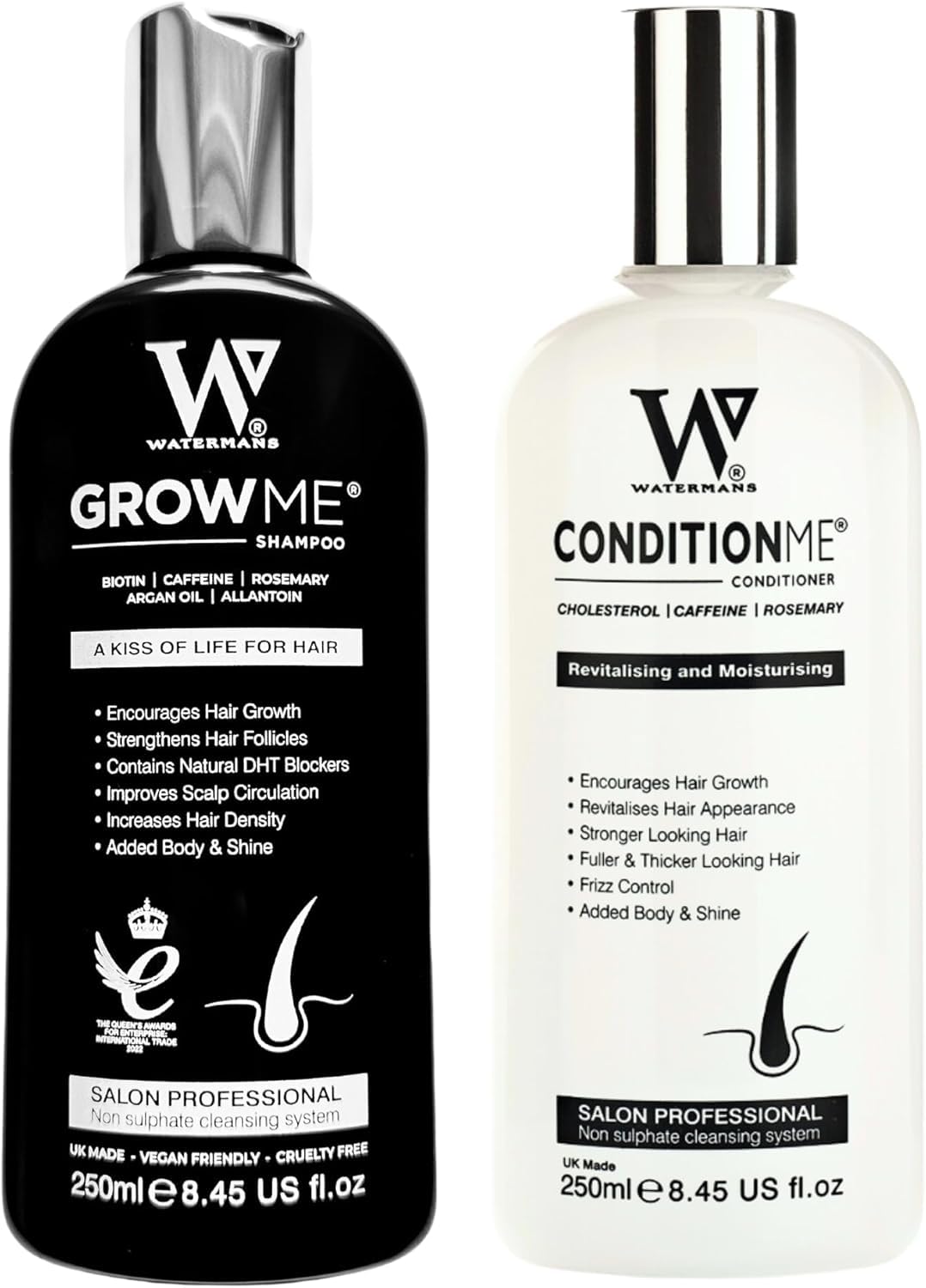Watermans Grow Me Champú: botella visible para promover crecimiento capilar y vitalidad.