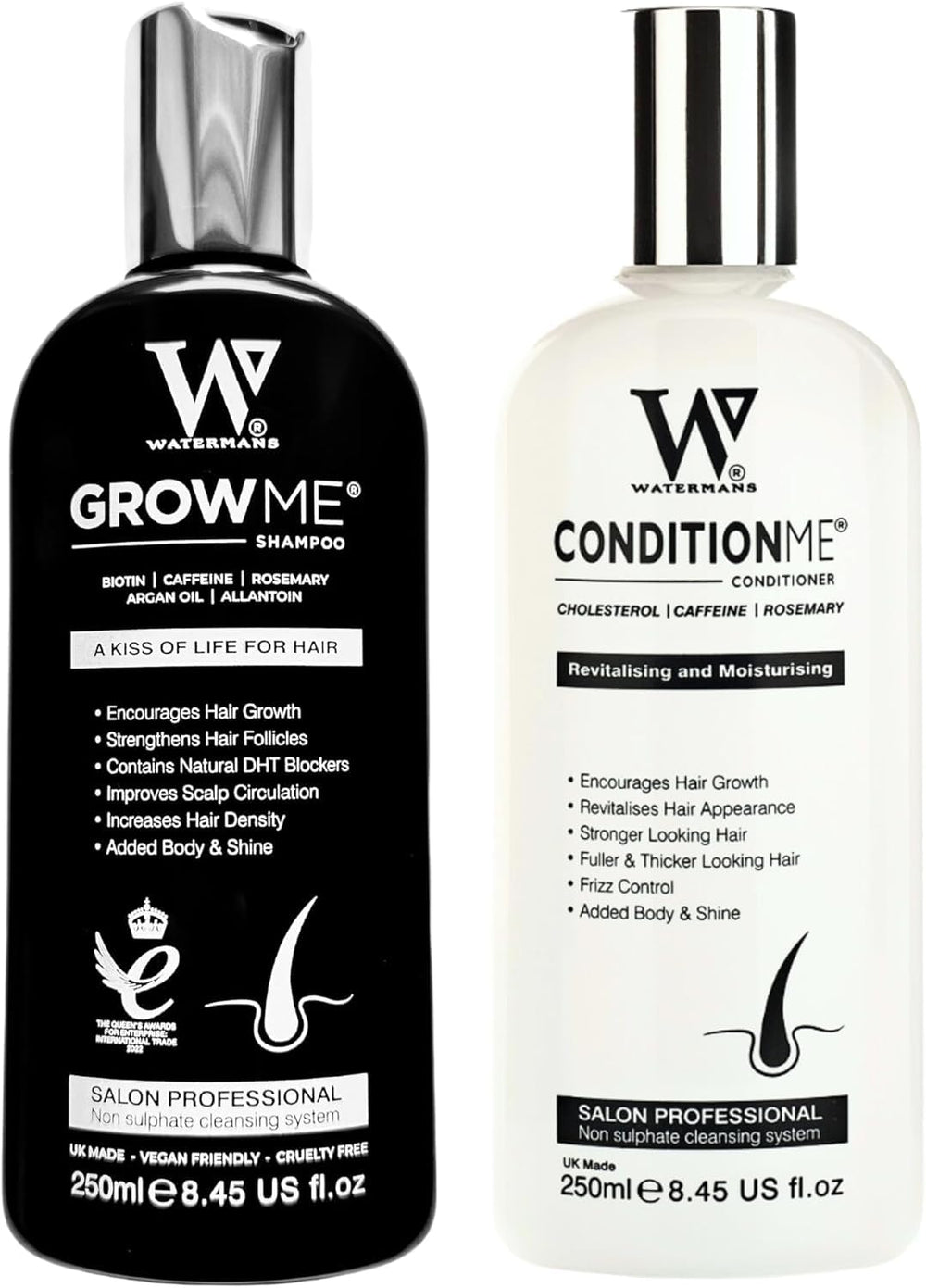 Watermans Grow Me Champú: botella visible para promover crecimiento capilar y vitalidad.