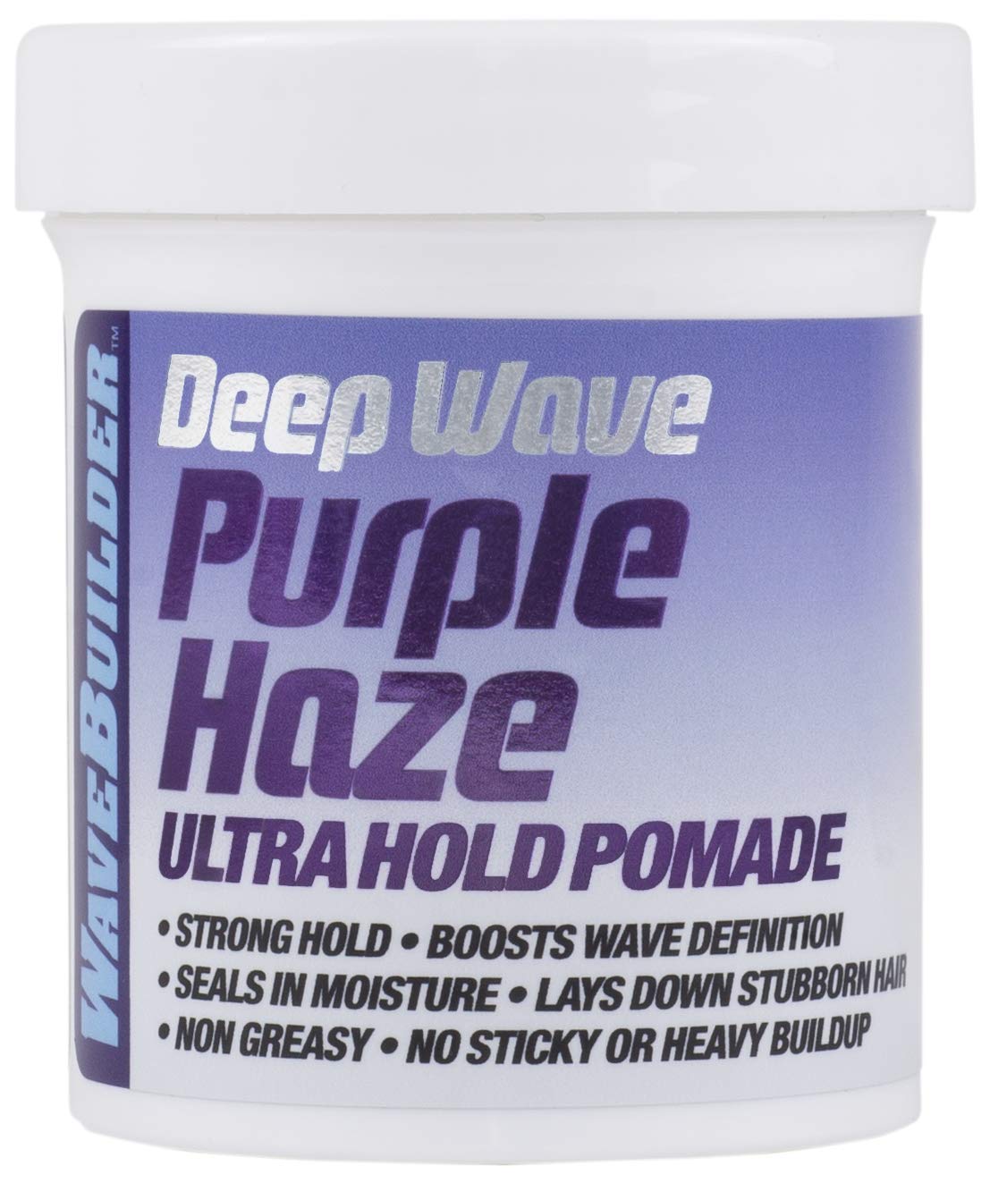 Wavebuilder Deep Wave Purple Haze Ultra Hold Pomada en envase, manejo cómodo para peinar.