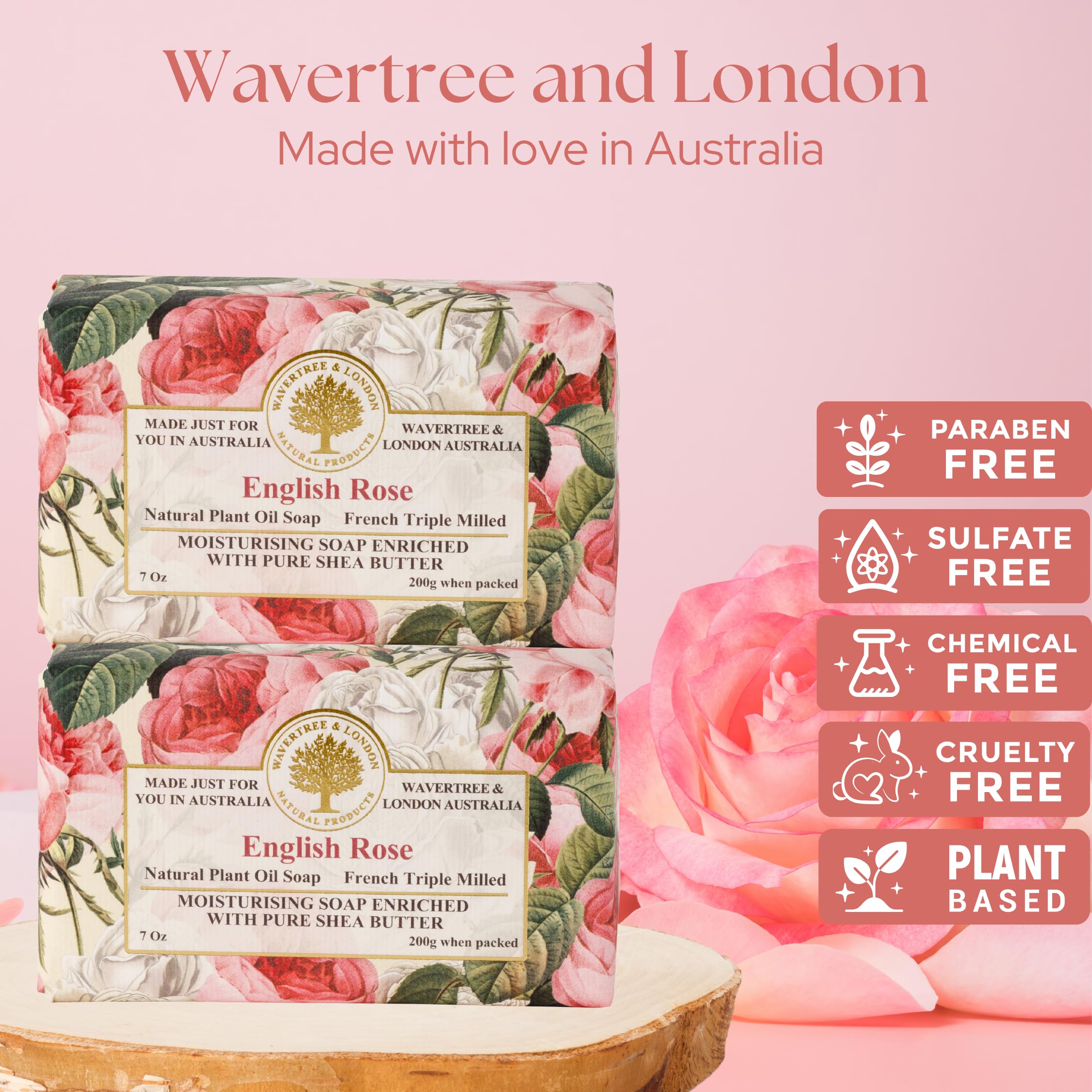 Jabón Rosa Inglesa de Wavertree & London, barra con aroma floral duradero.