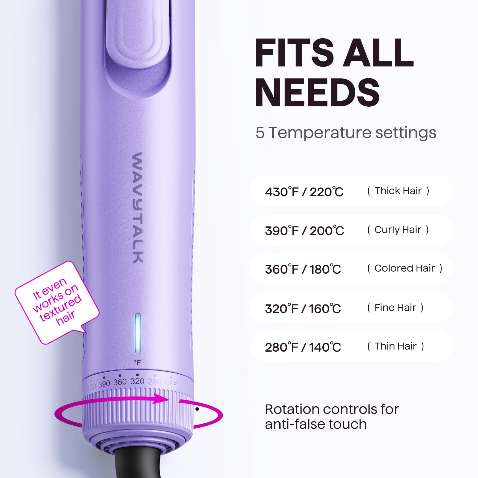 Wavytalk Airflow Styler mango ergonómico para peinado cómodo.