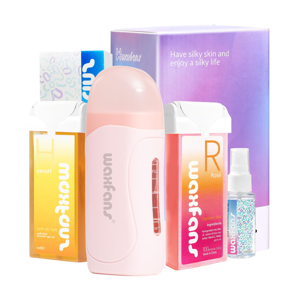 Waxfans Roll-On Wax Kit showing the warmer and roller head for quick at-home waxing.