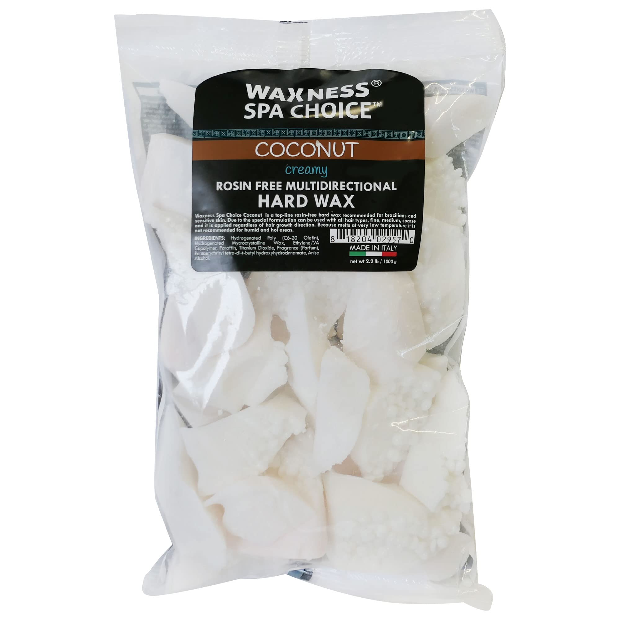 Waxness Spa Choice cera dura cremosa multidireccional coco, facilita depilación suave.