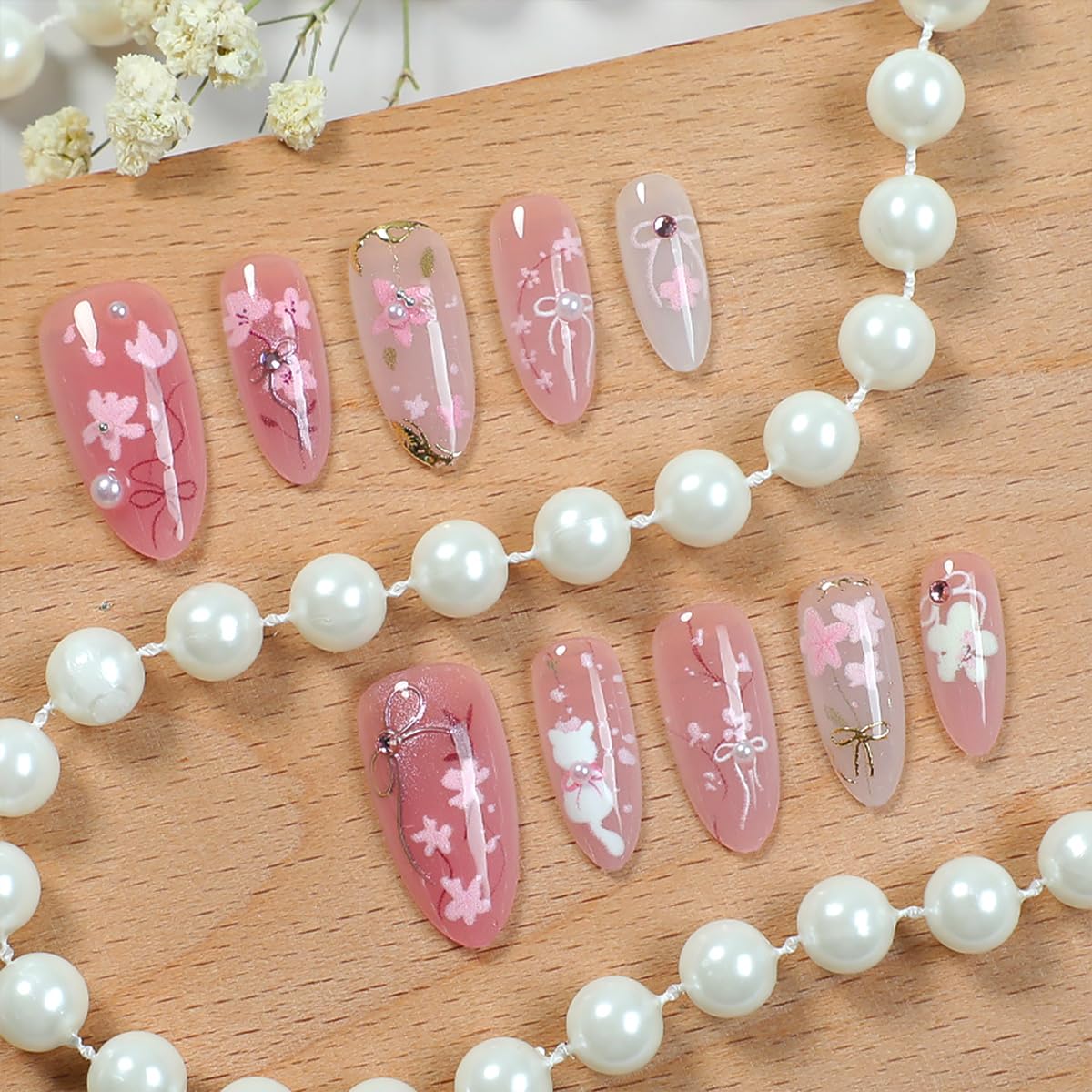 Uñas acrílicas WBRRFJJ rosa con destellos y perlas para ocasiones especiales