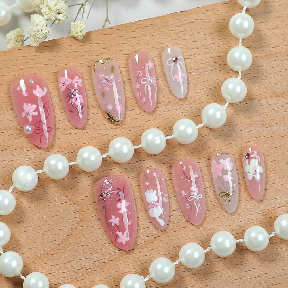 Uñas acrílicas WBRRFJJ rosa con destellos y perlas para ocasiones especiales