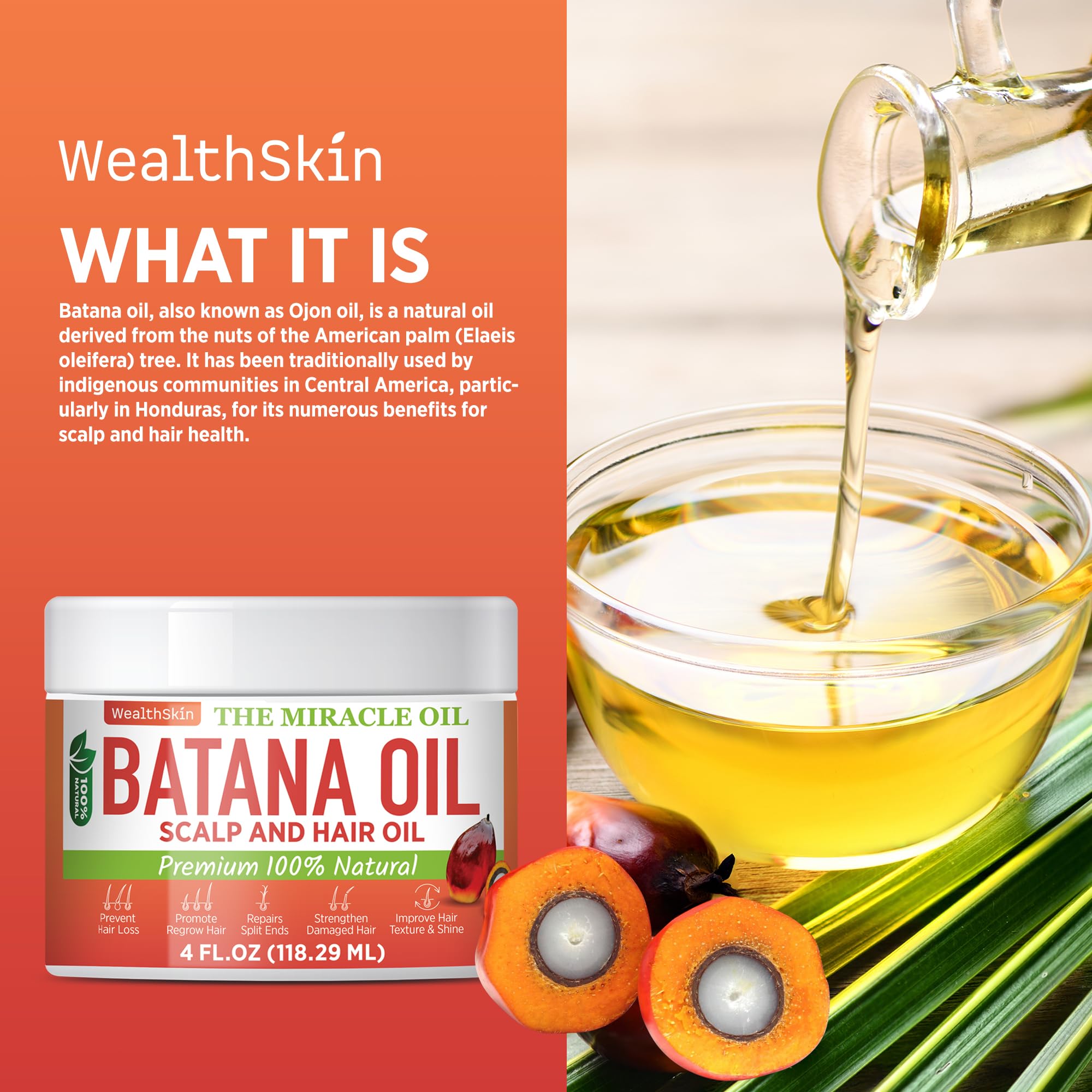 Wealthskin Batana Aceite contiene fitosteroles y carotenoides para mayor elasticidad