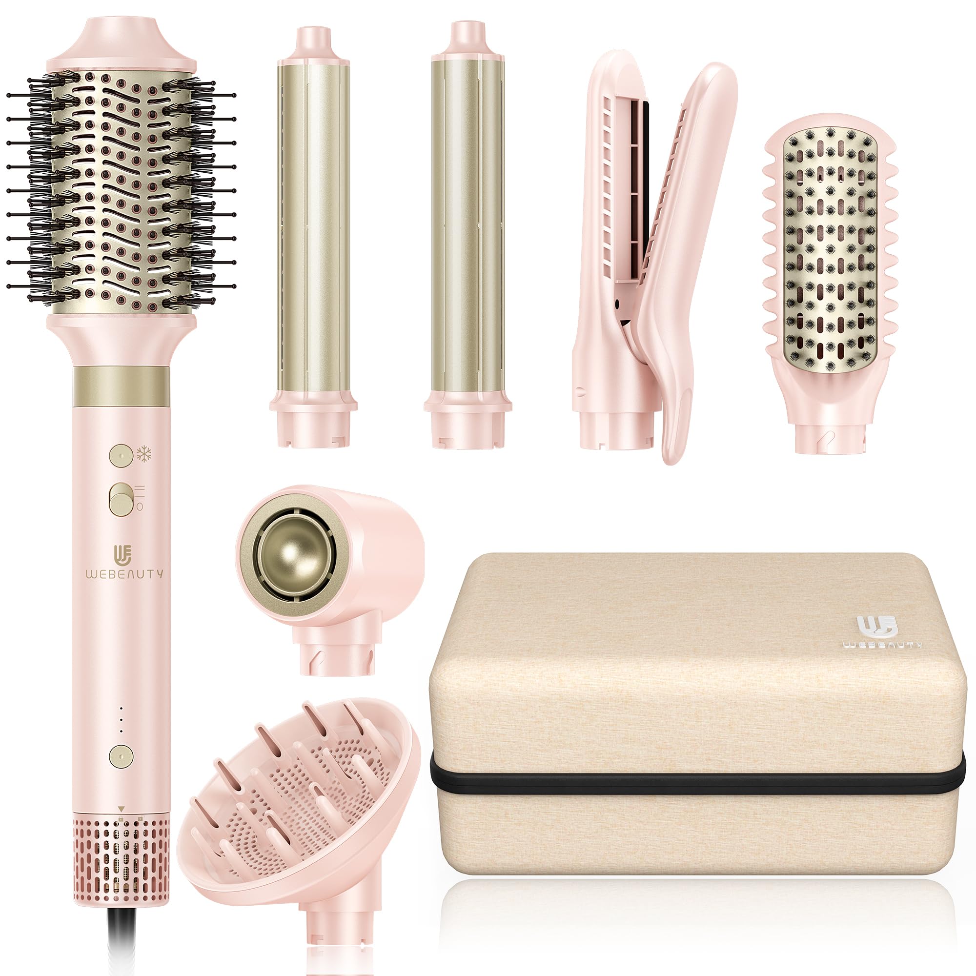 WeBeauty secador cepillo 8 en 1 voltaje dual: peinados rápidos en casa o de viaje.