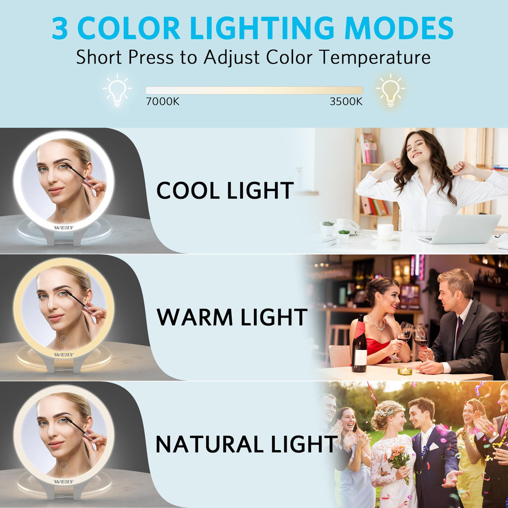 WEILY Iluminación de 3 colores para adaptar la luz al maquillaje.