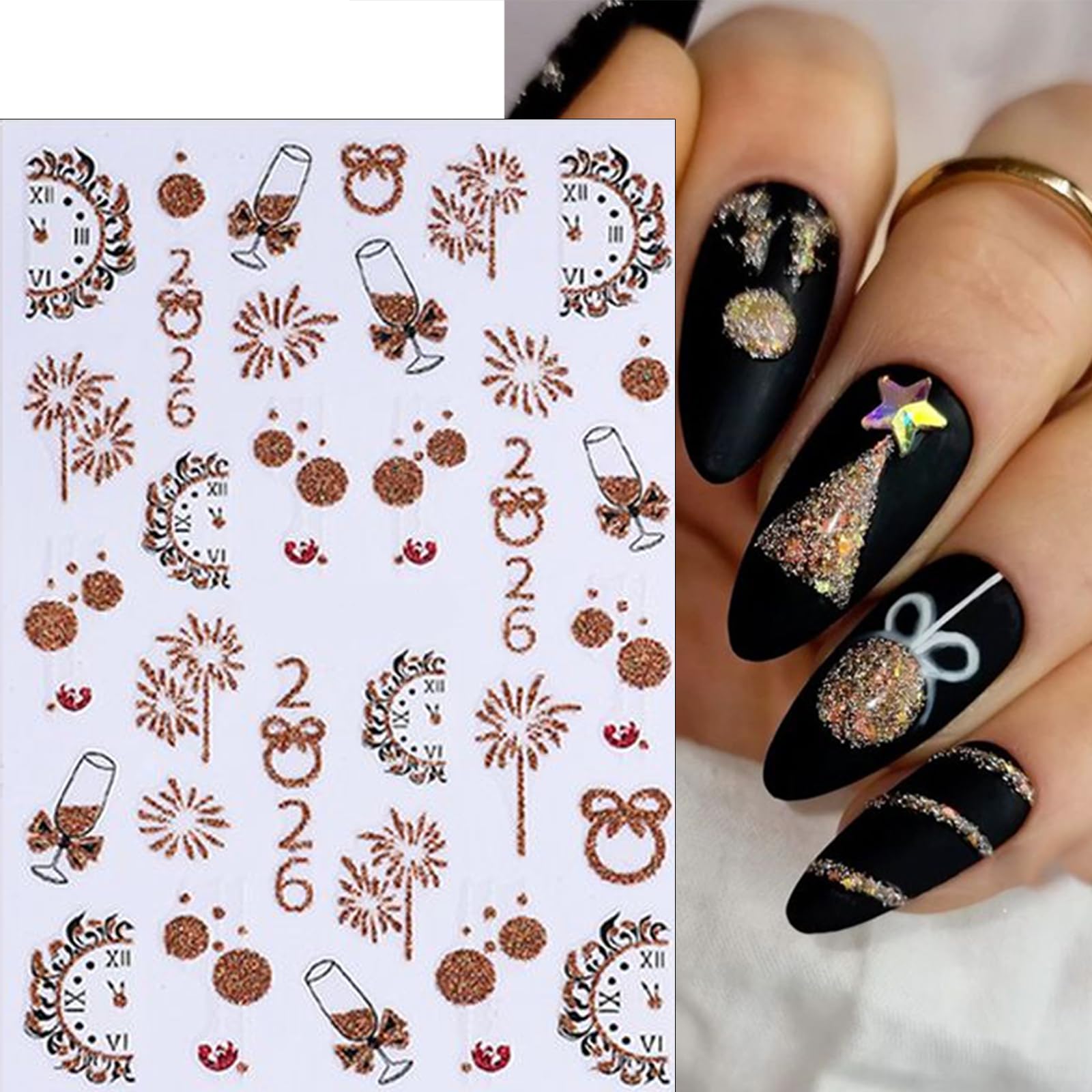WEIXIWUYU reloj navideño brillo dorado 3D, duradero sobre uñas naturales o artificiales