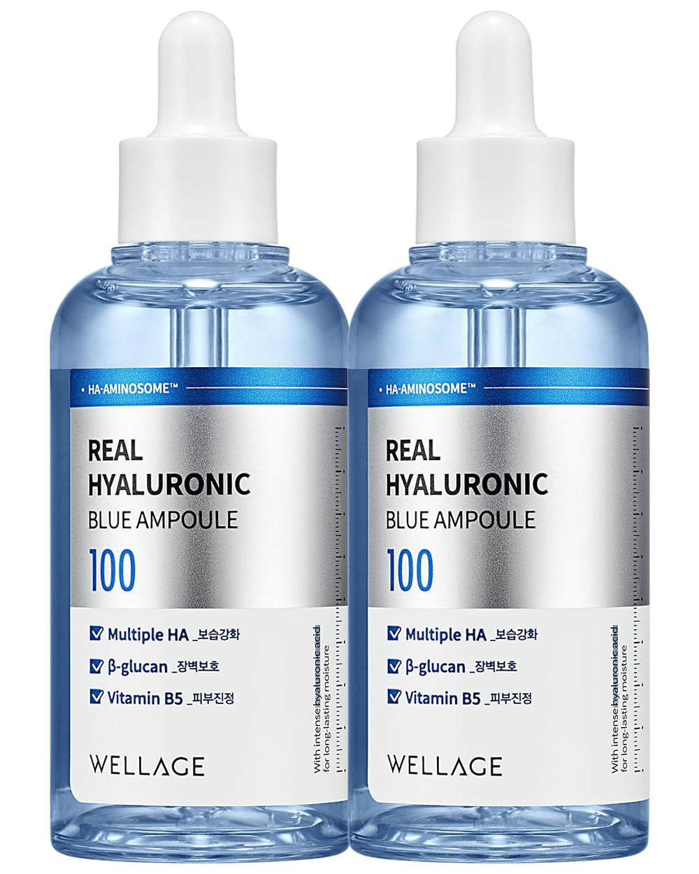 Wellage Real Hialuronica: ampolla azul y botella para hidratación profunda diaria.