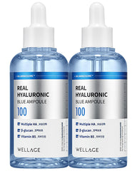Wellage Real Hialuronica: ampolla azul y botella para hidratación profunda diaria.