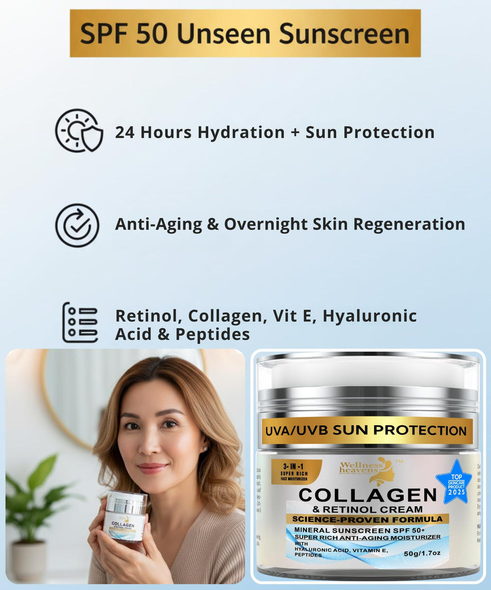 Cuidado diario para piel seca y madura con SPF y colágeno.