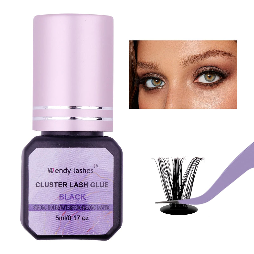 Wendy Lashes adhesivo cluster negro, secado rápido para aplicación eficiente.