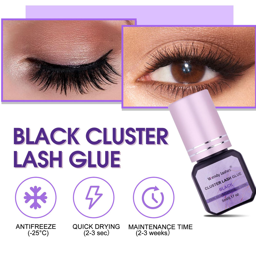 Wendy Lashes adhesivo cluster negro, alta durabilidad para uso diario.
