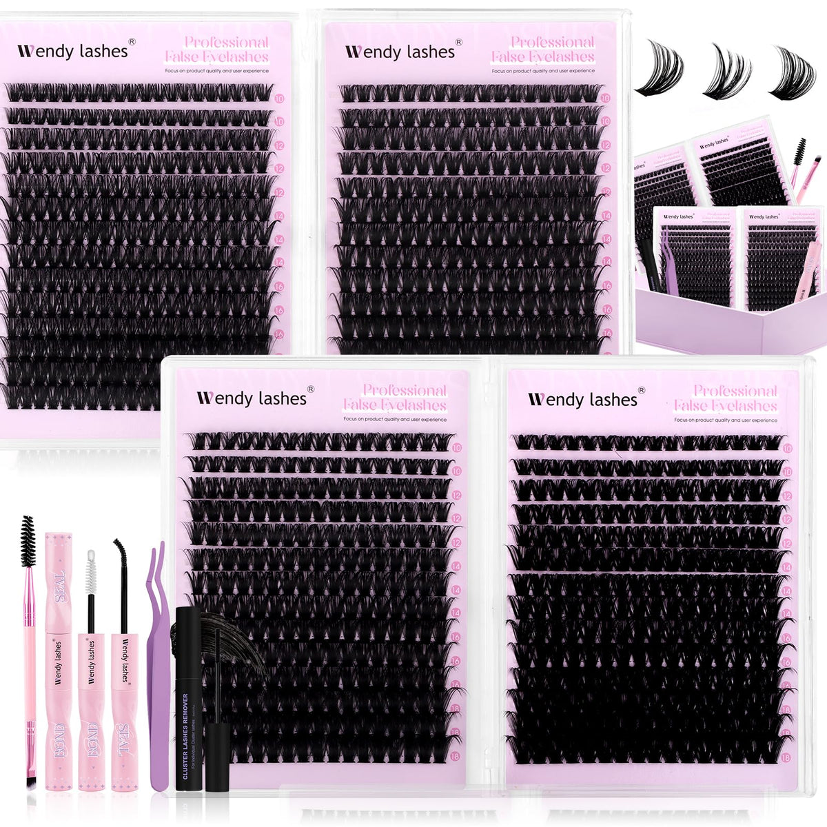 Wendy Lashes kit clusters 980 piezas para look natural y elegante.