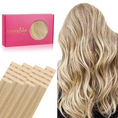 Extensiones Wennalife con cinta adhesiva: empaque elegante para compra informada.