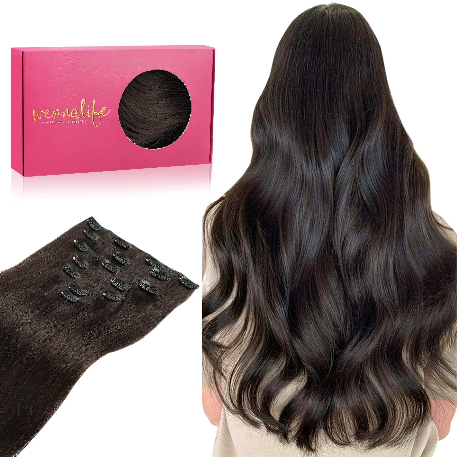 Extensiones Wennalife con clips, cabello humano real 18 pulgadas, aspecto natural
