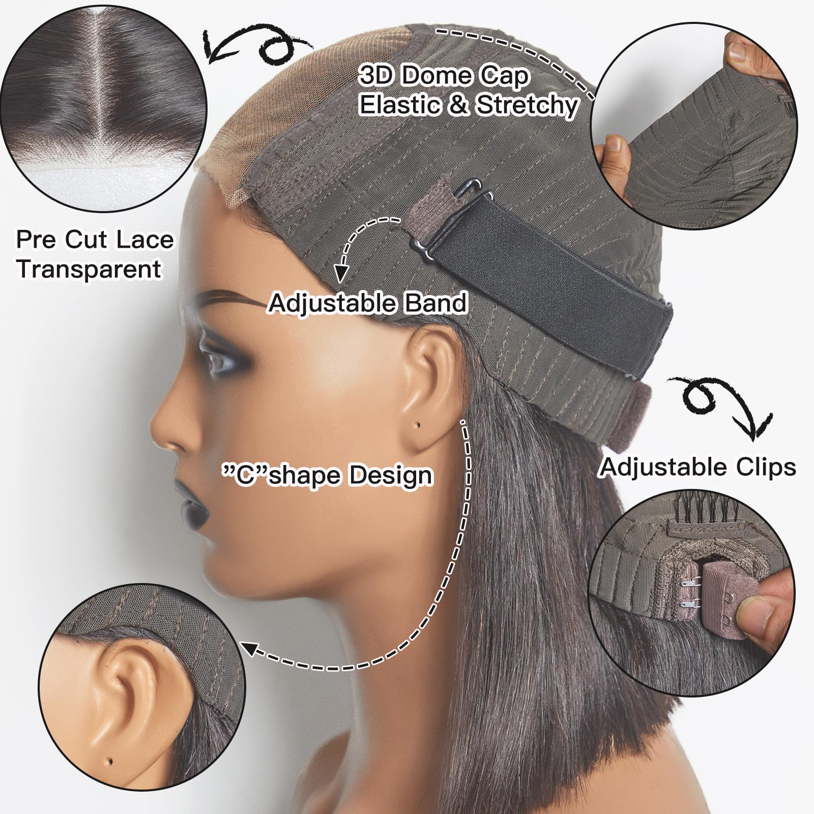 Peluca WEQUEEN con corte en C contorneado para mayor confort.