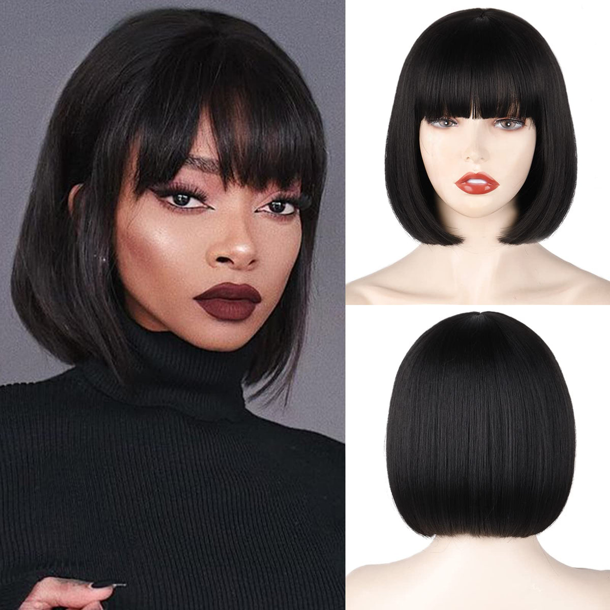 WERD bob corto negro con flequillo, aspecto natural para uso diario