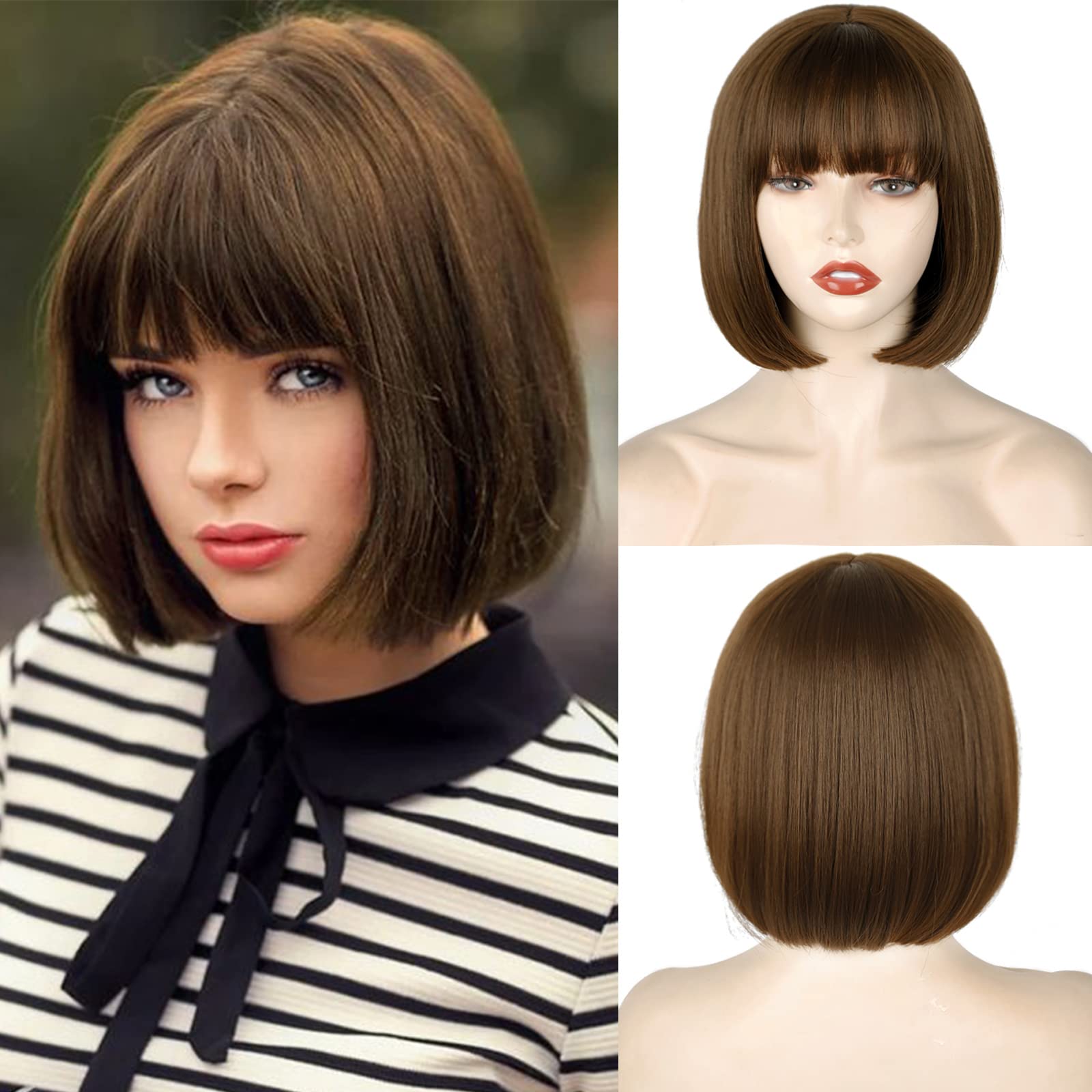 WERD peluca bob corto moreno con flequillo, look diario natural.