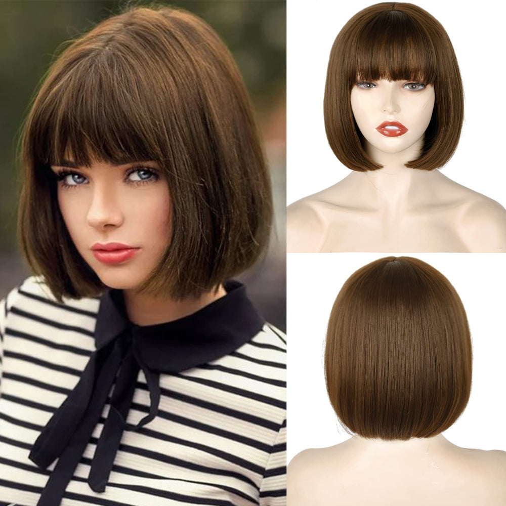 WERD peluca bob corto moreno con flequillo, look diario natural.