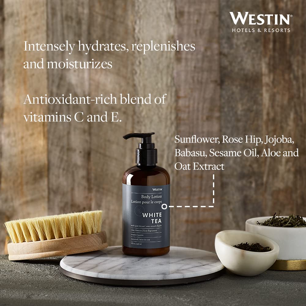 Westin White Tea Aloe lotion in a spa-like bathroom setting for home luxury