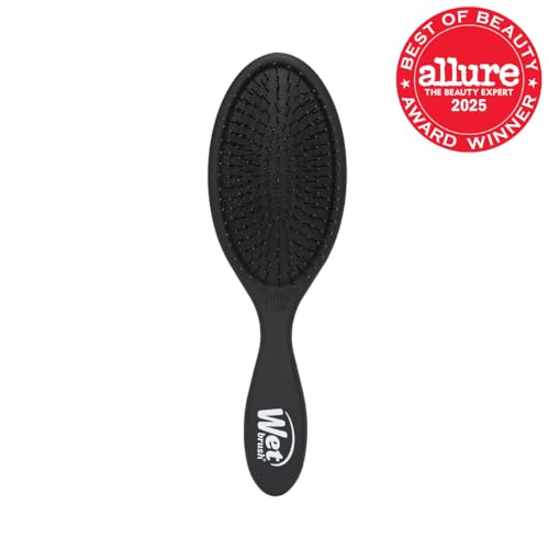 Wet Brush Original Detangler negro, pelo seco, manejo cómodo y menos dolor.