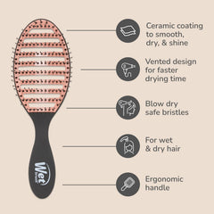Wet Brush placa cerámica calienta rápido para brillo y suavidad.
