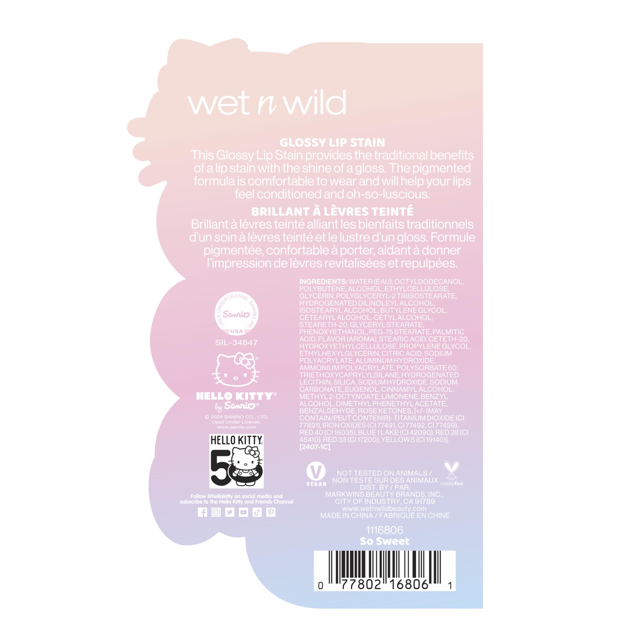 wet n wild Hello Kitty Glossy Lip Stain libre de crueldad, ideal para rutinas responsables.