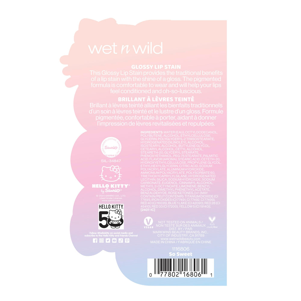 wet n wild Hello Kitty Glossy Lip Stain libre de crueldad, ideal para rutinas responsables.