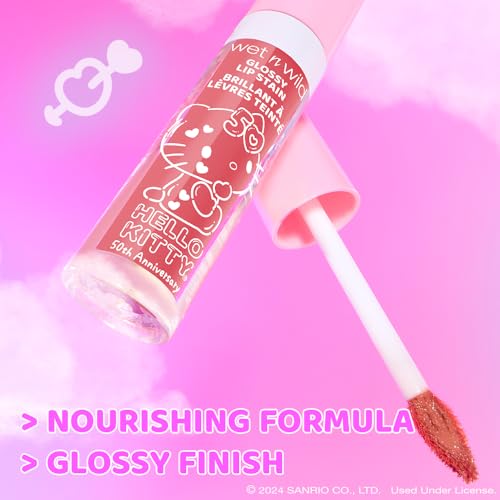 wet n wild Hello Kitty Glossy Lip Stain swatch tono coral, color cálido.