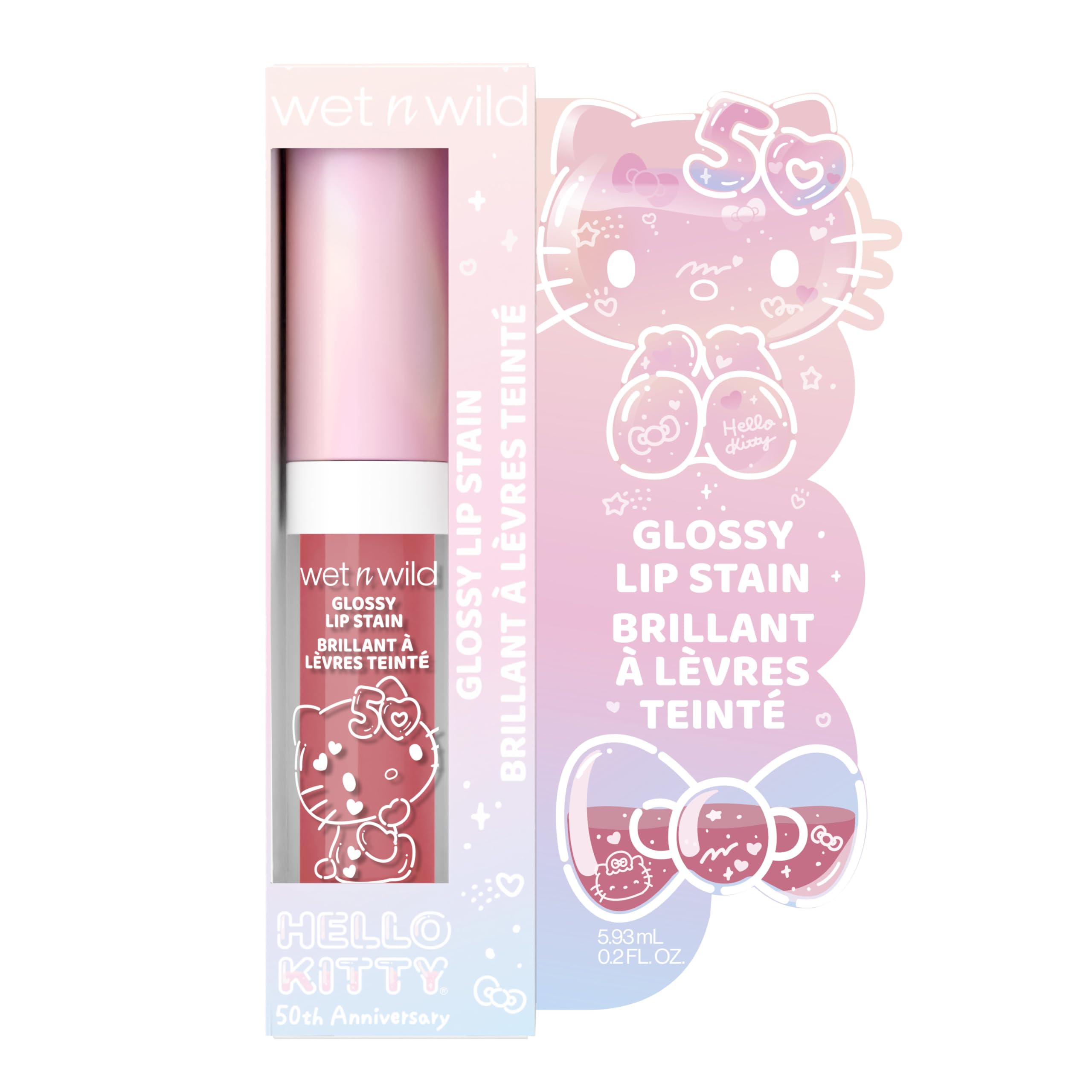 wet n wild Hello Kitty Glossy Lip Stain uso diario, color duradero.
