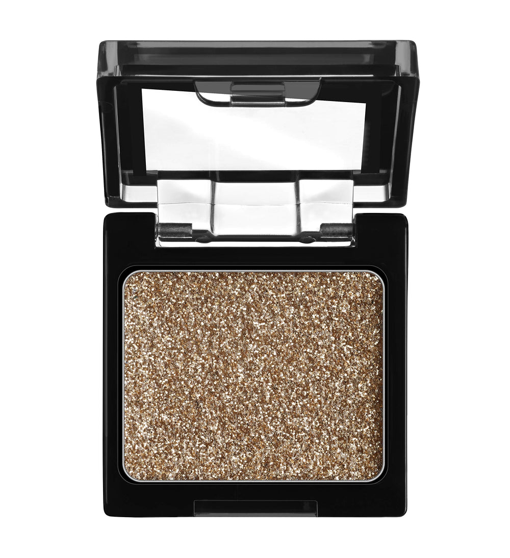 wet n wild Color Icon Glitter Eyeshadow Shimmer Brass swatch muestra tono bronce intenso.