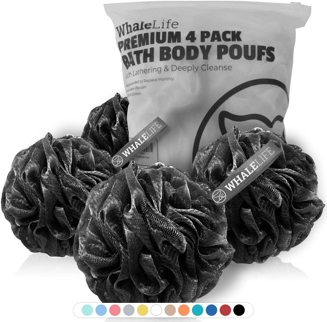 WhaleLife esponja de baño lufa negro con malla densa para espuma abundante