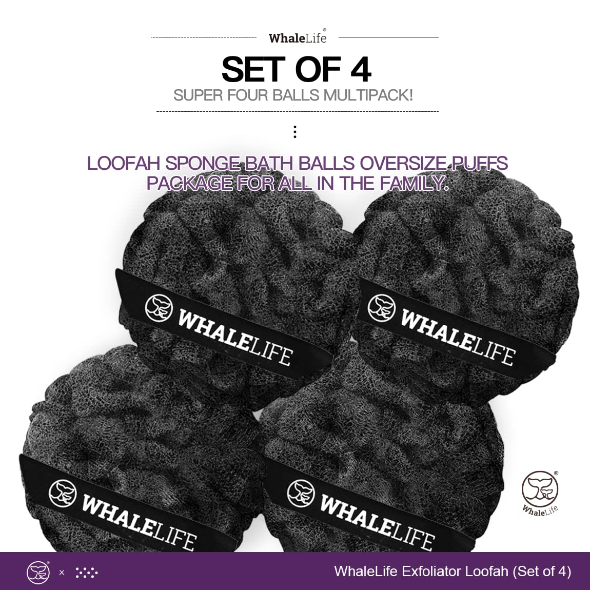 WhaleLife Esponja de lufa doble capa negra, uso diario en la ducha con limpieza efectiva.