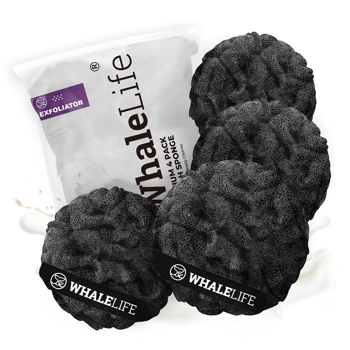 WhaleLife Esponja de lufa doble capa negra, pack 4, exfolia suavemente y enriquece la rutina diaria.