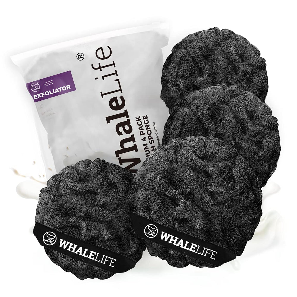 WhaleLife Esponja de lufa doble capa negra, pack 4, exfolia suavemente y enriquece la rutina diaria.